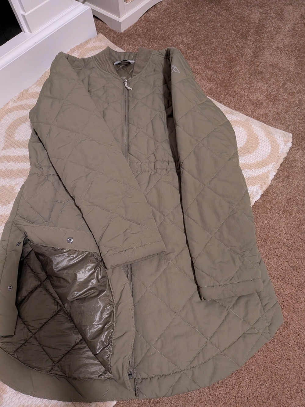 Small Quilted Olive Green Women's Coat - Lightweight Long Jacket